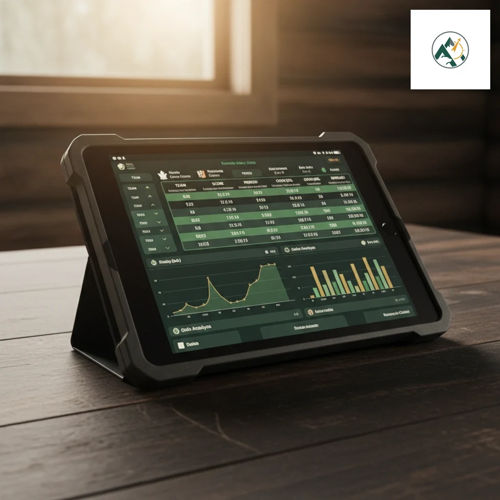 A tablet displaying a scoring dashboard with weighted category breakdowns for a sportsbook review.