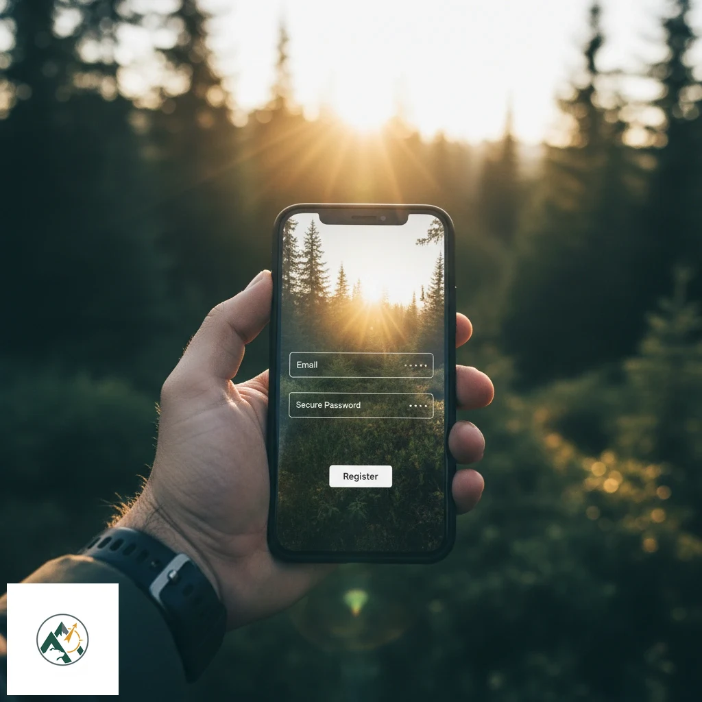 Sign-up form on a mobile screen requesting email, username, and password.